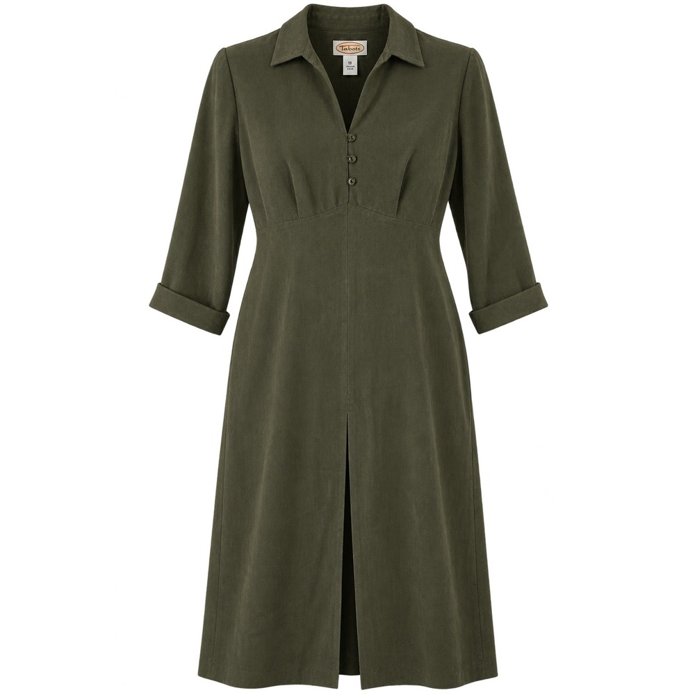 VINTAGE Talbots Dress Size 18 Olive Green Faux Suede Midi Shirt Dress USA Made